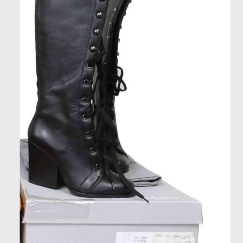 MaxMara Kansas Black Lace-Up Mid-Calf Block Heel Boots